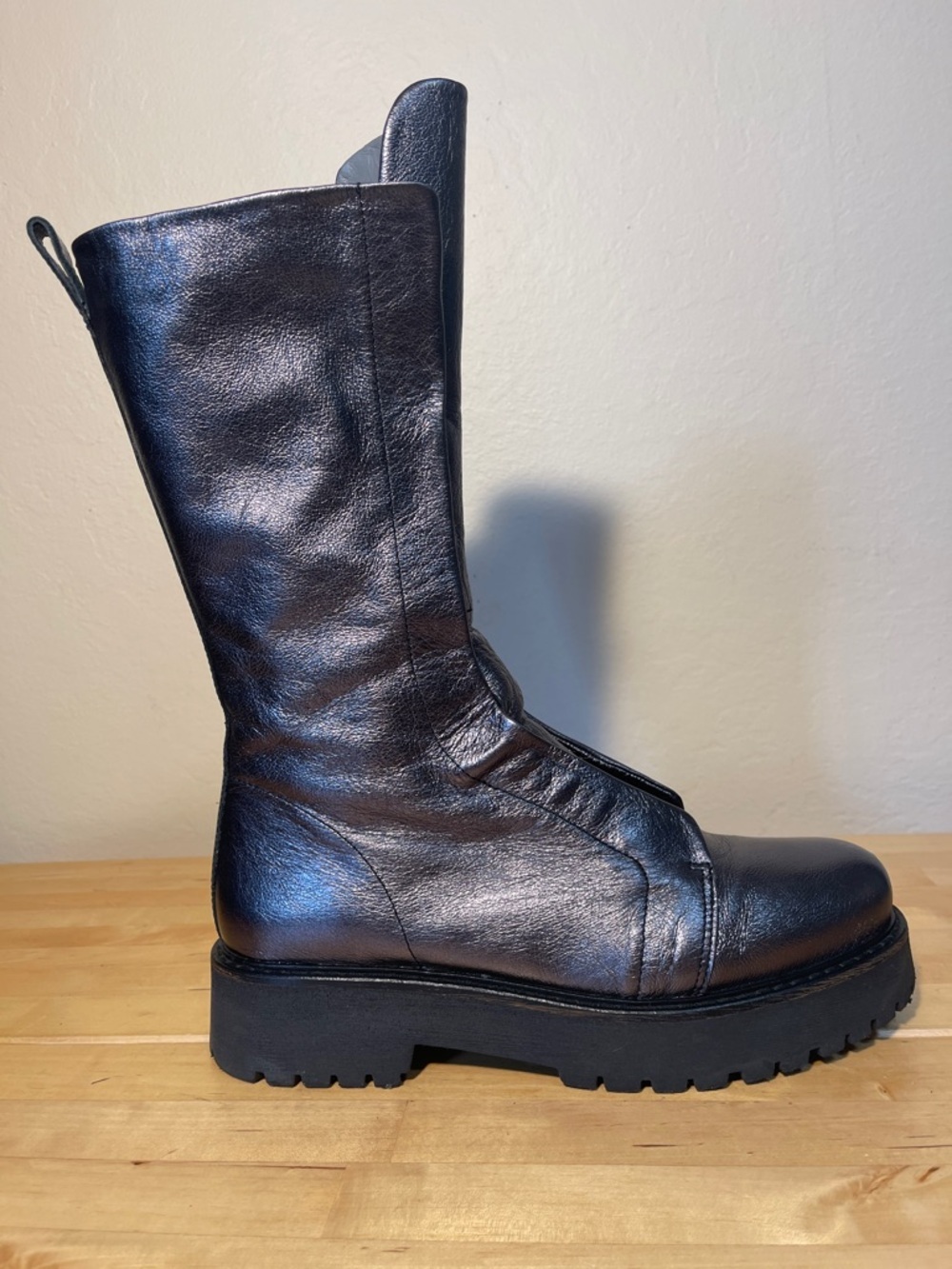 Patrizia Bonfanti Kuni Silver Patent Leather Platform Combat Boots Made in Italy
